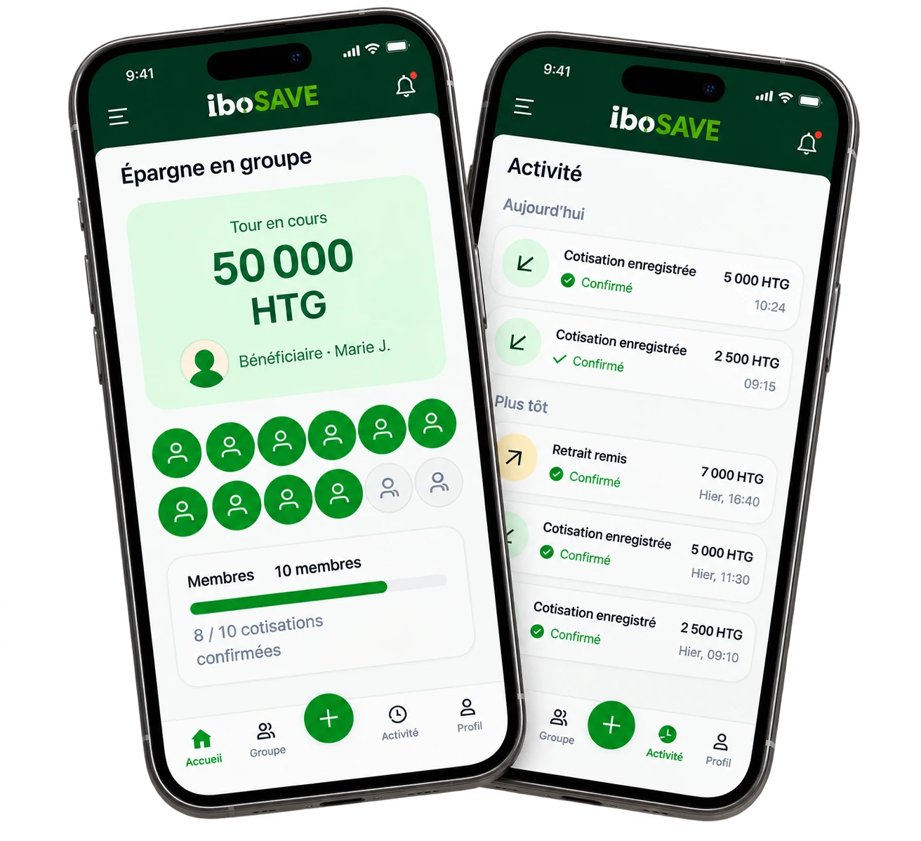 Aperçus de l'application IboSAVE sur deux téléphones